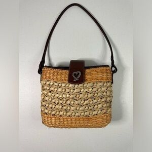 Brighton Straw Woven Shoulder Bag Purse Tan ￼Brown Crocodile Leather Trim Charm‎